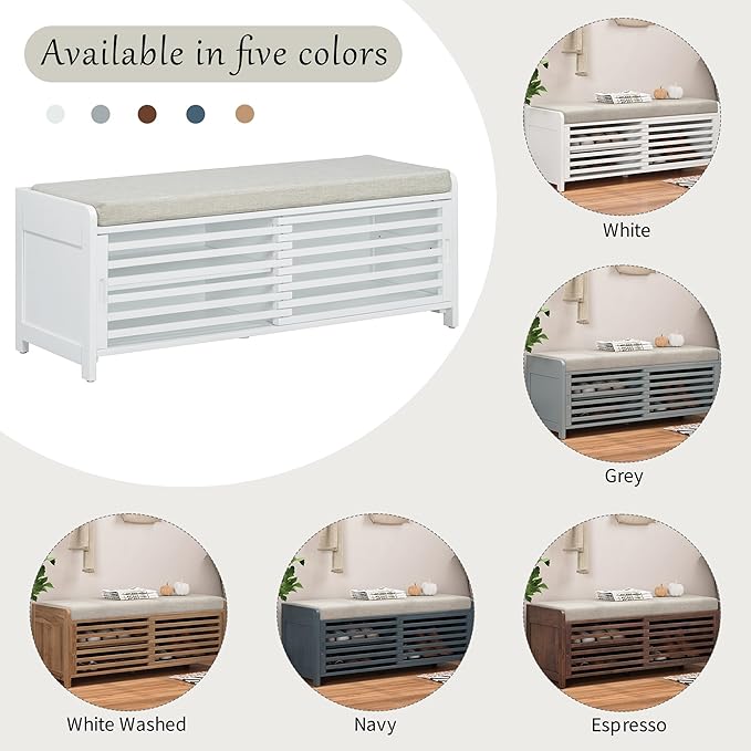 LUMISOL Shoe Bench with Storage and Cushion, Farmhouse Distressed Shutter Storage Bench with Retro Charm for Living Room, Entryway, White