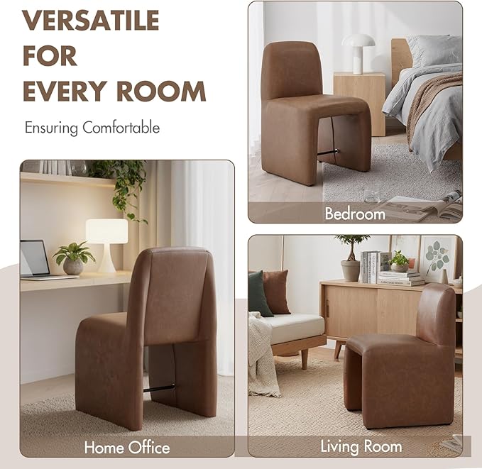 Hyfirm Mid-Century Modern Brown Faux Leather Desk Chair No Assembly Required | Fully Upholstered Armless Accent Chair with Metal Footrest, Comfy Side Chairs for Kitchen, Livingroom, Home Office, Study