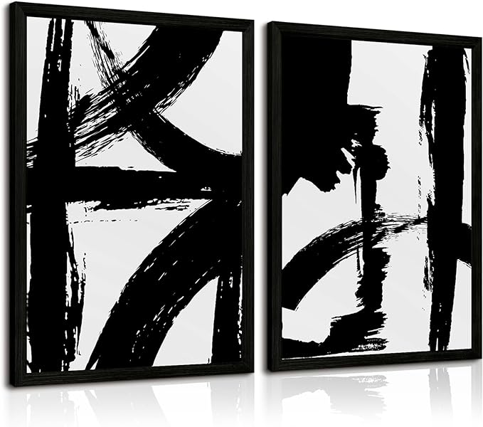 Black and White Wall Art Abstract Modern Painting Minimalist Line Canvas Wall Art Decor Black And White Poster Abstract Artwork Prints for Living Room Bedroom 16x24 Inch Wood Framed Set of 2