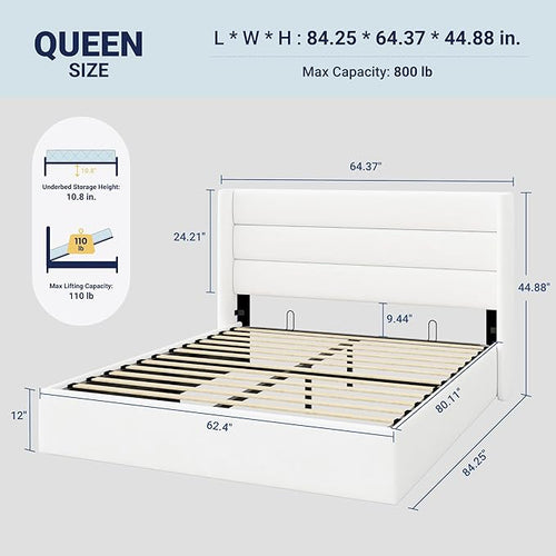 Allewie Queen Size Velvet Lift Up Storage Bed, Modern Wingback Headboard, Hydraulic Support, No Box Spring Needed, White