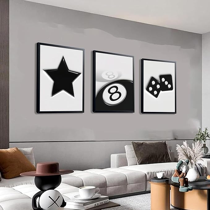 Black And White Wall Art Set of 3, Vintage Y2k Dice 8 Ball Canvas Prints Painting, Funky Lucky Preppy Posters Pictures For Game Room Apartment Dorm Teenager Room Wall Decor 16x24 Inch Framed