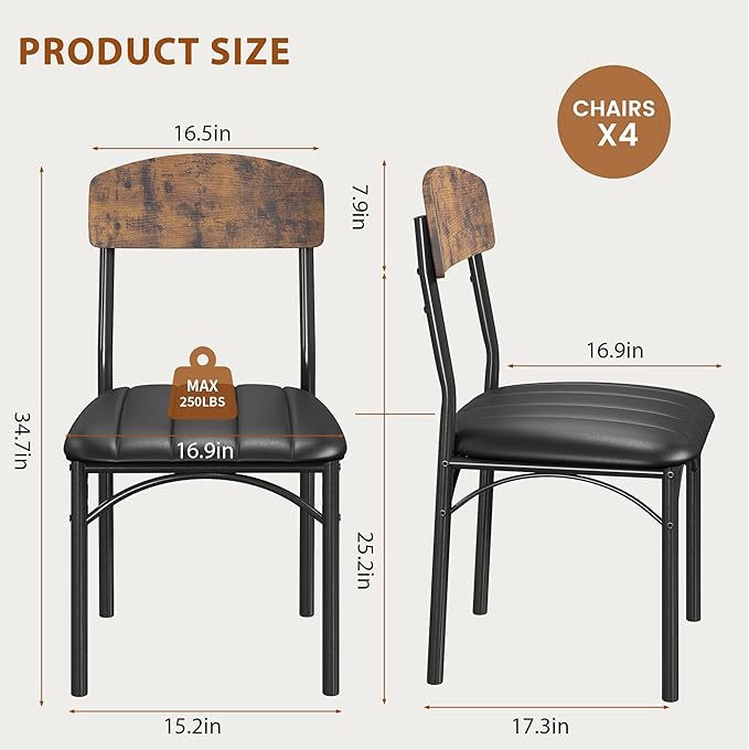 Jocoevol Dining Chairs Set of 4 - Upholstered Dining Room Chairs with PU Leather, Industrial Kitchen Chairs with Wooden Backrest and Thickened Metal Legs, for Dining Room, Living Room (Vintage)
