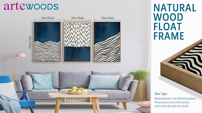 Framed Wall Art Canvas Set Mid Century Boho Picture Modern Abstract Geometric Lines Wall Decor Minimalist Black Indigo Canvas Painting Artwork Living Room Bedroom Home Office 20"x28"x3 Natural