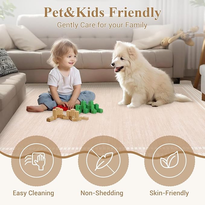 Garvee Washable Rug 8x10 Area Rugs for Living Room Bedroom, Non Slip Low Pile Solid Neutral Soft Carpet, Modern Scalloped Pattern, Faux Wool Floor Mats for Dining Room Home Office, Natural Ivory