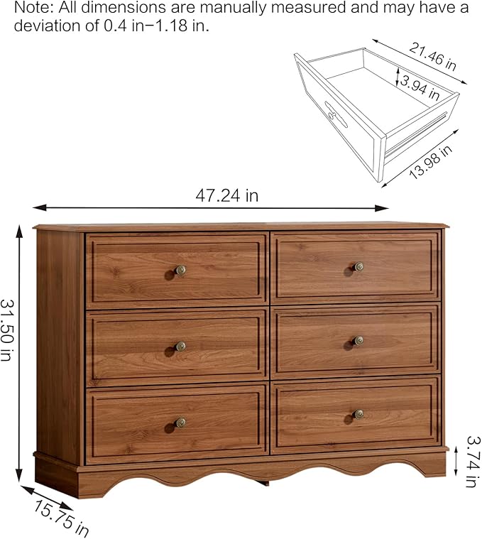 Chrangmay Modern Chest of Drawers with 6 Drawers,Deep Drawers,Clothes Organizer,Large Storage Cabinet for Living Room, Bedroom,Hallway,with Anti-Tipping Device,Brown