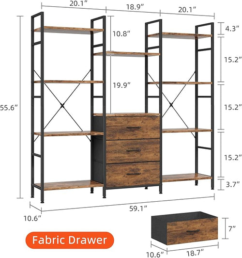 AFLUI Triple Bookshelf with 3 Fabric Drawers, 4-Tier Book Shelf and 10 Display Shelves, Industrial Large Bookcase for Home & Office, Rustic Brown, 59'' Wide