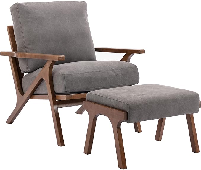 chairus Mid-Century Modern Accent Chair with Ottoman, Comfy Upholstered Lounge Armchair with Removable Cushions & Solid Wood Frame, Reading Chair for Living Room Bedroom Office, Grey Denim Fabric