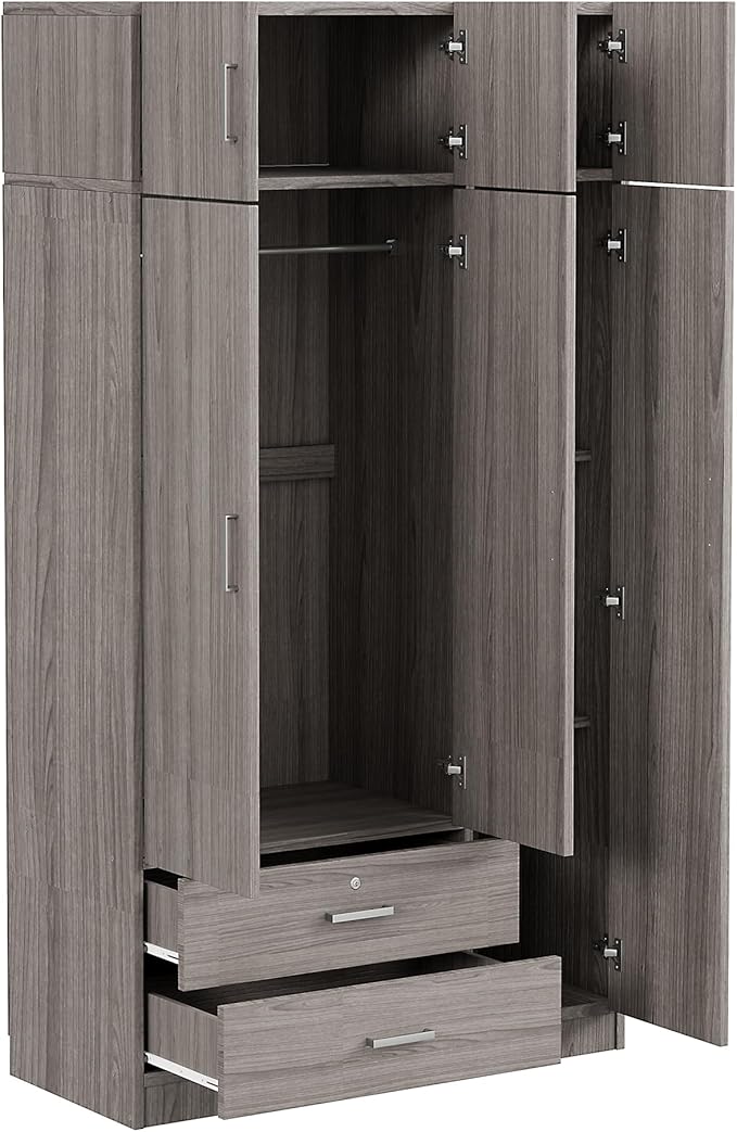Mirror 3 Doors Closet Wardrobe with 2 Drawers and Top Cabinet, Modern Wooden Armoire Wardrobe Closet with Hanging Rod for Bedroom, Freestanding Bedroom Closet, Clothes Storage Organizer (Gray)