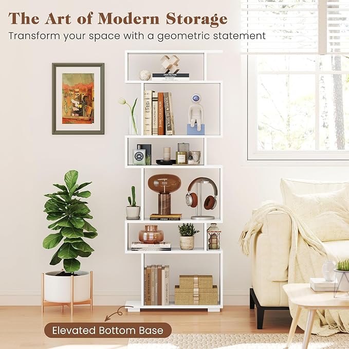 Giantex 6-Tier Geometric Bookshelves Set of 2, S-Shaped Bookcase with 2 Anti-Tipping Kits, Wooden Display Shelf, Decorative Storage Shelving Unit, Home Storage Organizer for Office Living Room, White