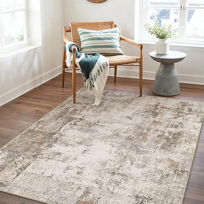 4x5 Washable Area Rug Brown Grey Abstract Non Slip Soft Low Pile Rug for Entryway Kitchen Bathroom Neutral Modern Throw Carpet for Living Room Bedroom Home Decor