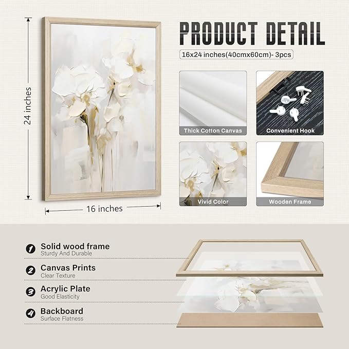 Neutral Wall Art Abstract Floral Canvas Pictures Beige Flower Wall Decor Modern Painting Minimalist Poster Abstract Botanical Prints White Artwork for Bedroom Living Room 16x24x3 Inch Wood Framed