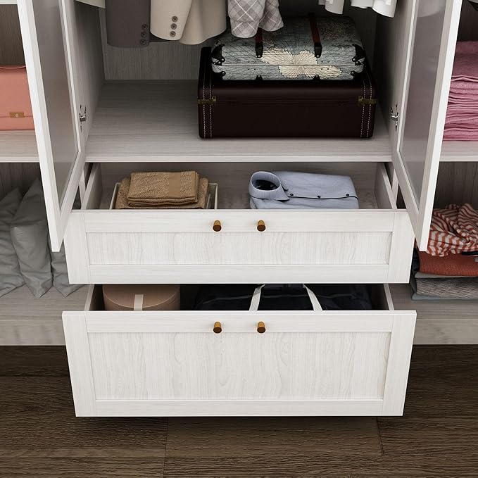 MOUMON 70.9" 4-Door Wardrobe Closet with Frosted Glass Doors & 2 Drawers, Double Hanging Rods & Shelves, Wide Armoire Closet Light Oak 63”W x 19.7”D x 70.9”H