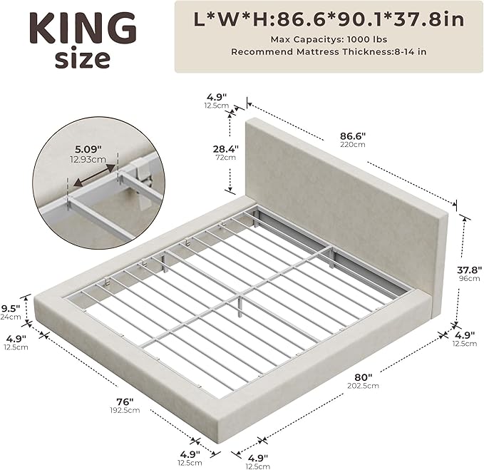 RECCI AirFrame King Size Bed Frame with Headboard, Cloud Upholstered Platform Bed Frame, 5 Inch Foam Cushioned, No Box Spring, Easy Assembly(Beige Chenille)