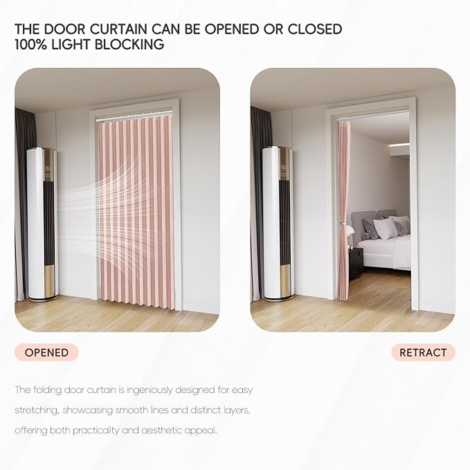 Jilron Accordian Door Curtain, 100% Blackout Folding Magnetic Doorway Curtains,Linen Style Closet Doors,for Room Divider,Privacy Protection（W72 x L78,Pink,1 Panel）