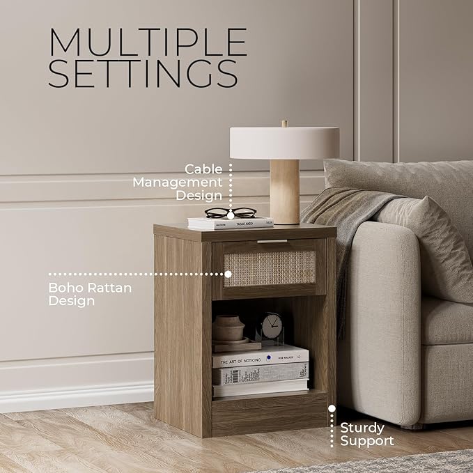 Walsham Night Stand, Rattan Nightstand with Charging Station, Modern End Table with Drawers, Bed Side Tables for Bedroom Living Room Sofa Couch Office (Special Walnut)