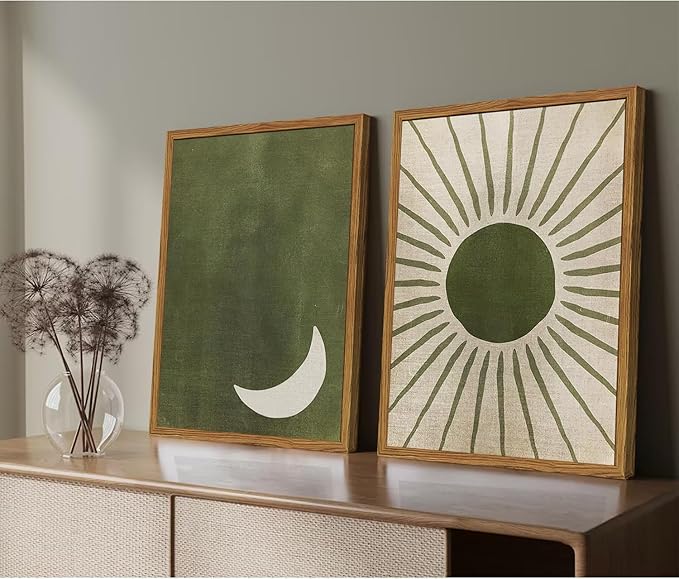 Framed Boho Sun and Moon Canvas Wall Art Set of 2, Vintage Sage Green Bohemian Pictures Wall Decor, Mid Century Modern Abstract Minimalist Paintings Prints for Living Room Bedroom Office 16x24 inch