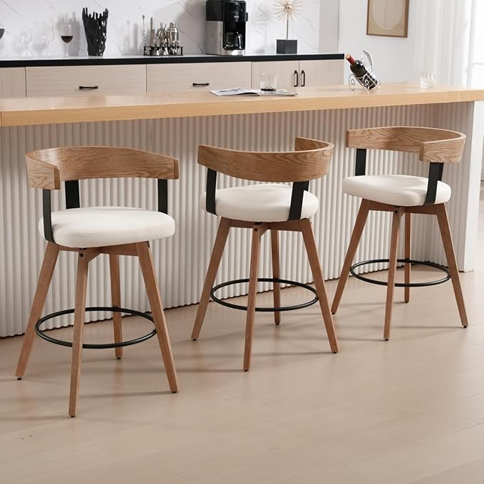 DUOMAY Swivel Bar Stools Set of 4-26" Counter Height Bar Stool with Footrest - Modern Wood Barstools with Linen Upholstered Seat - 360-Degree Swivel Stool for Kitchen Island Home Bar - White