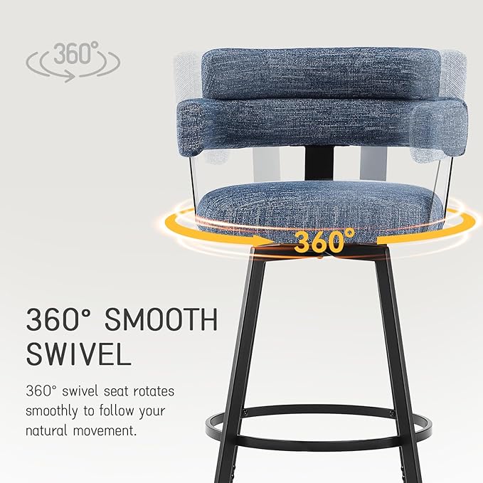 30 Inch Bar Stools Set of 2 with Full Back, Swivel Bar Chairs with Linen Padded Back, Metal Footrest, Modern Bar Height Stools for Kitchen Island, Dining, Living Room, Blue
