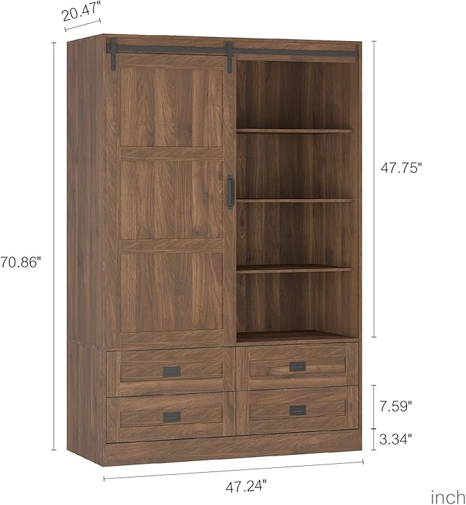 Armoire Wardrobe Closet with Sliding barn Door，Wardrobe Cabinet with 4 Storage Drawers and Hanging Rail,Freestanding Wooden Closet for Bedroom(Brown)