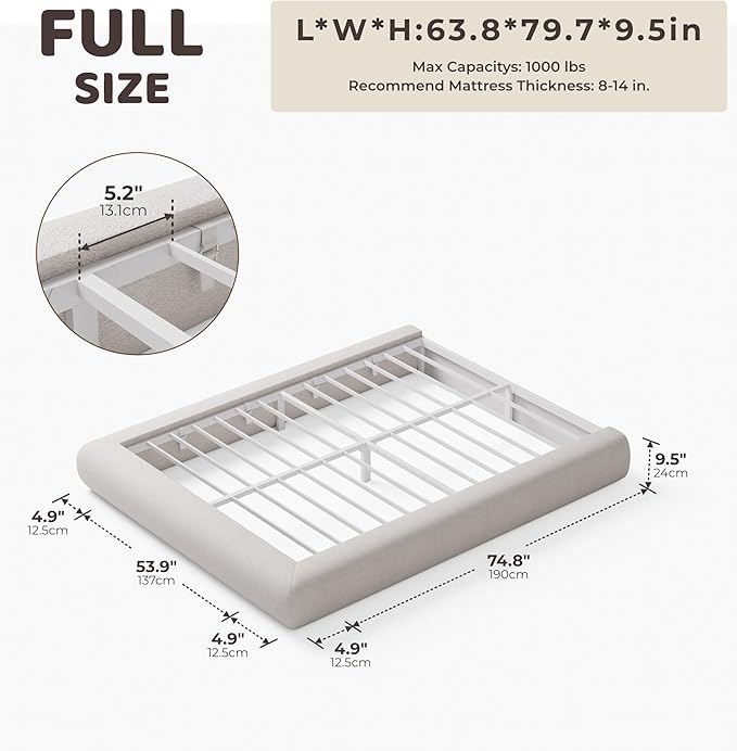 RECCI AirFrame Half-Moon Upholstered Full Platform Bed Frame, Velvet Curved Arched Base, 5 Inch Fully Round Cushioned Foam, No Box Spring Needed, Easy Assembly | Round Shaped, Boucle, Low-profile, Soft