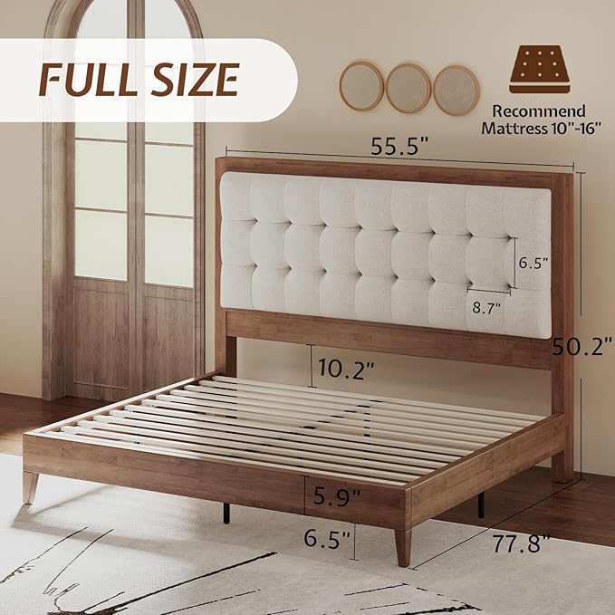 Jocisland Solid Wood Full Size Bed Frame 50.2" Tall Upholstered Headboard, Mid-Century Style, Stable Platform Support, No Box Spring Needed, Walnut