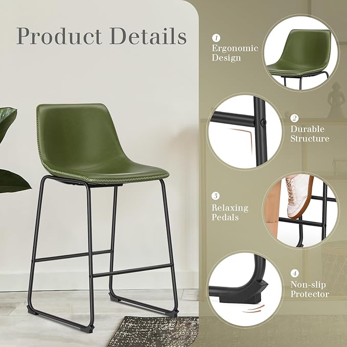 DUMOS 26 Inch Counter Height Bar Stools Set of 4, Modern Faux Leather High Barstools with Back and Metal Leg, Bar Chairs for Kitchen Island, Green