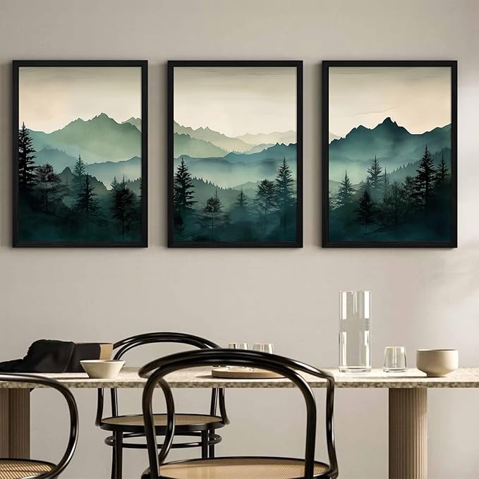 Mountain Wall Art Decor Set of 3 Sage Green Forest Canvas Wall Art Prints Nature Landscape Wall Decor Watercolor Pine Tree Pictures Abstract Modern Painting for Living Room Bedroom 12x16 Inch Framed