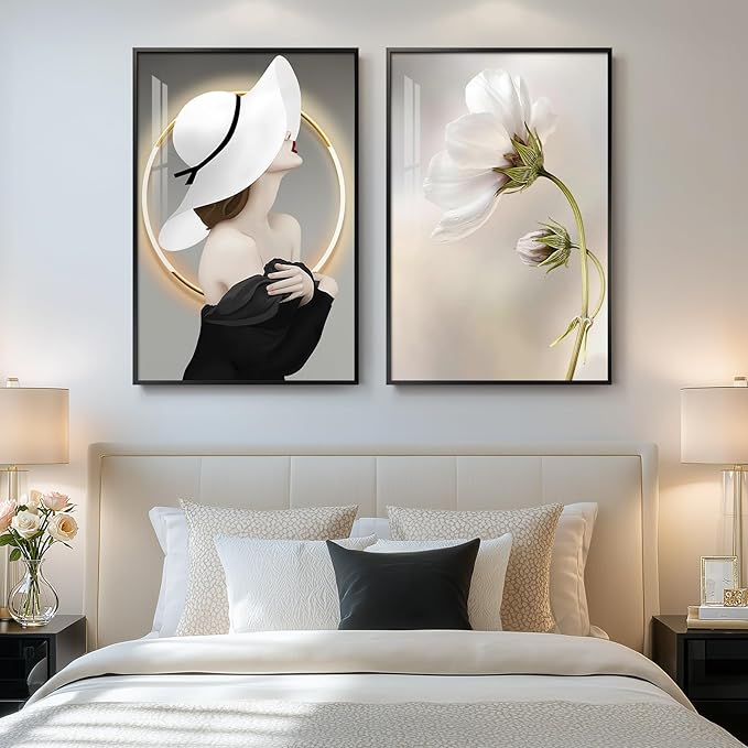 Framed Modern Woman Wall Art for Girls Bedroom, Set of 2 Black and White Luxury Floral Artwork for Walls, Large Bright Style Modern Art Picture Print for Living Room Office Hallway Bedroom, 20x30 Inch