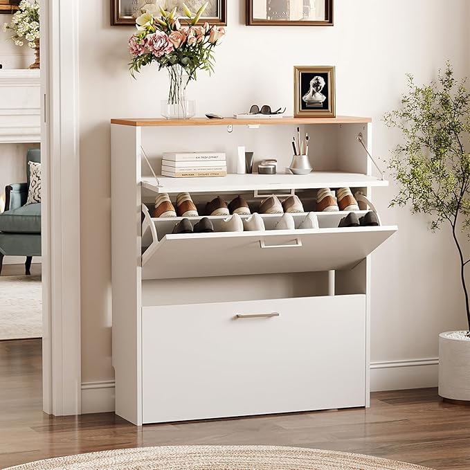VINGLI Shoe Cabinet for Entryway, Slim Shoe Rack Storage Organizer with 3 Flip Drawers, Modern White Hidden Shoe Shelf with Oak Top, Narrow Free Standing Sneaker Cabinet for Hallway, 9.5" Depth