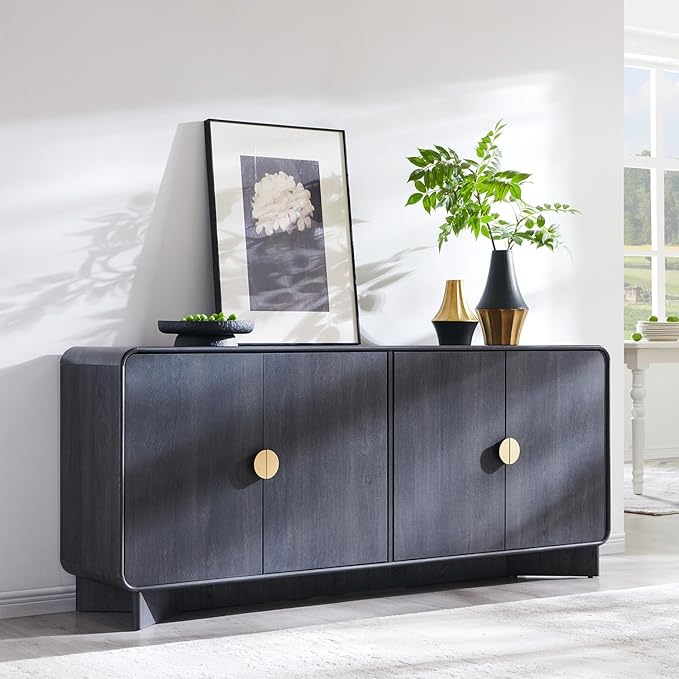 IFGET Modern Buffet Cabinet with Storage, 70" Large Sideboard Buffet Storage Cabinet with 4 Doors and Adjustable Shleves, Wooden Curved Coffee Bar for Dining Room, Kitchen, Living Room, Dark Grey