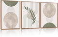 HPINUB Sage Green Boho Framed Canvas Wall Art Set, (Set of 3,12X16 Inch) Minimalist Beige Green Botanical Wall Decor, Abstract Geometric Line Leaf Painting for Living Room,Bedroom,Office Decor