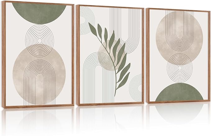 HPINUB Sage Green Boho Framed Canvas Wall Art Set, (Set of 3,12X16 Inch) Minimalist Beige Green Botanical Wall Decor, Abstract Geometric Line Leaf Painting for Living Room,Bedroom,Office Decor