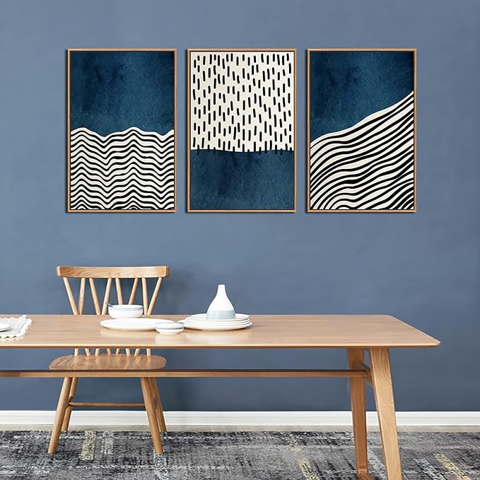 Framed Wall Art Canvas Set Mid Century Boho Picture Modern Abstract Geometric Lines Wall Decor Minimalist Black Indigo Canvas Painting Artwork Living Room Bedroom Home Office 16"x24"x3 Natural