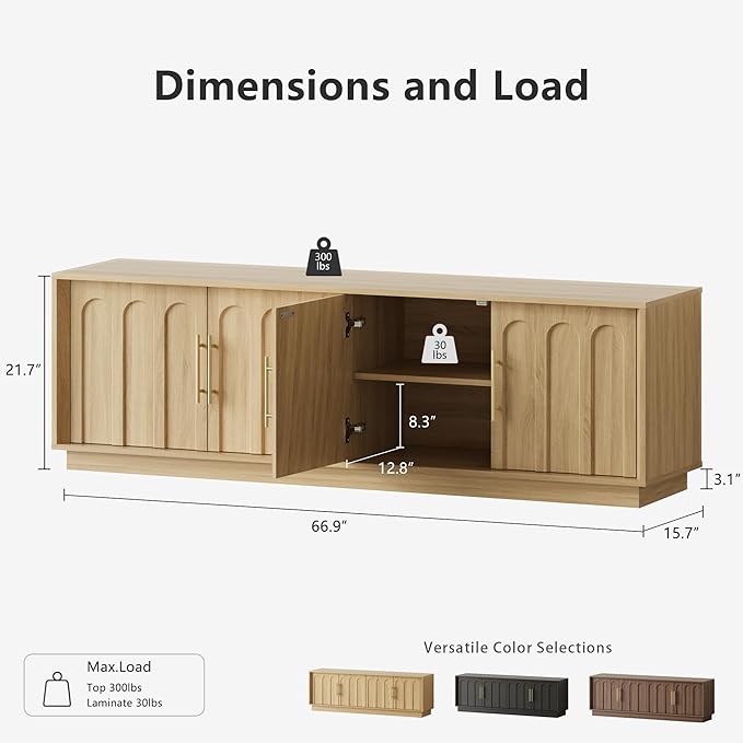 FORTUNETEC TV Stand for 75 Inch TV, Mid Century Modern TV Stand with Arched Design, Wood Grain Finish, Boho Media Console with Adjustable Shelves, 67" Entertainment Center for Living Room Bedroom, Oak