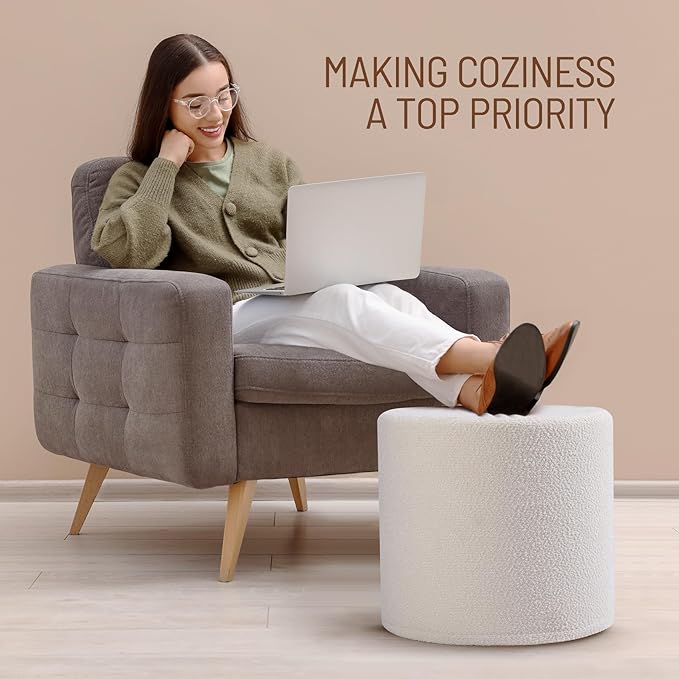 White Round Ottoman Foot Rest Stool – Clean Boucle Fabric Footstool with Soft Foam Filling, Lightweight Modern Pouf for Minimalist Living Room, Bedroom, Office – Pure White