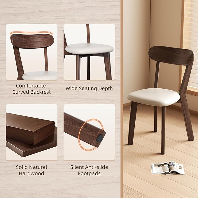 Dining Chairs Set of 4 Mid-Century Modern Oak Upholstered Leather Scandinavian Solid Wood Kitchen & Dining Room Chairs with Curved Backrest Sillas de Comedor for Dining Table(Walnut/Beige)