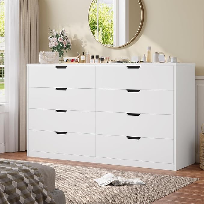 HAUOMS Modern 8 Drawer Dresser, White Chest of Drawers for Bedroom,Closet Dressers with Drawers for Living Room, Entryway, Hallway