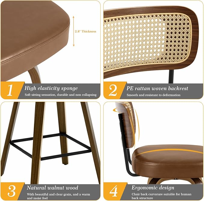 Bekrvio Swivel Bar Stools Set of 4, Upholstered Faux Leather Barstools with Rattan Back, 29" Seat Height Bar Chairs for Kitchen Island, Bentwood Wood Frame, Brown