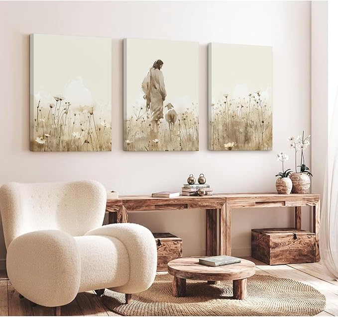 Jesus Leaves the 99 Sheep Wall Art Christian Canvas Poster Jesus and Lamb Wall Decor Religious Pictures Lost Sheep Painting God Christ Painting Artwork for Bedroom Living Room 16x24x3 Inch Ready to Hang