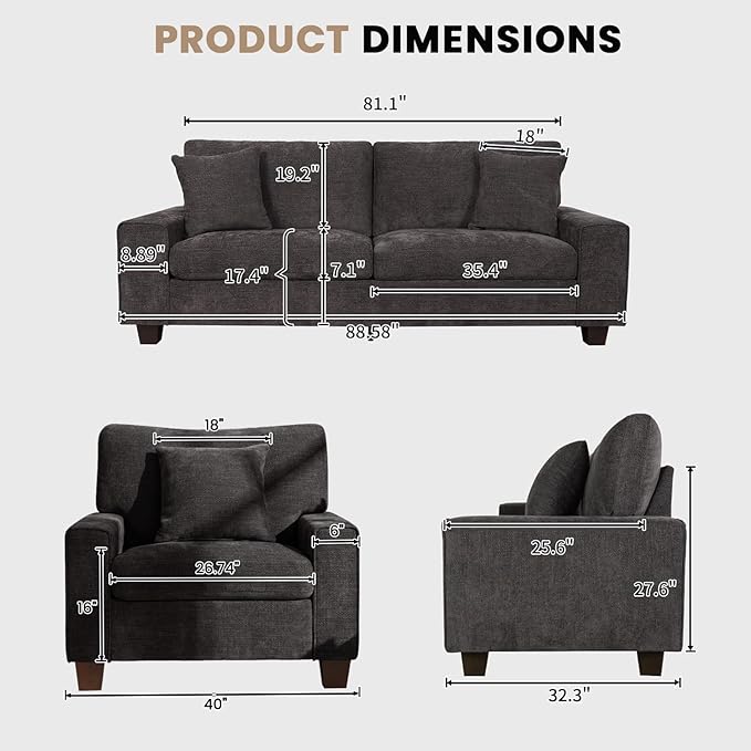 DOPEDIO Modern Living Room Sofa Set, 88.58" Chenille Loveseat with 2 Accent Chairs, Removable Covers, Spring Cushions, Solid Wood Frame, Easy Assembly（88.58inch+2 Single,Dark Grey）