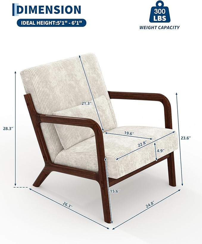 Garvee Mid-Century Modern Accent Chair, Wide-Wale Corduroy Upholstery, Solid Wood Armchair with Removable Lumbar Pillow, Sturdy Reading Chair for Living Room, Bedroom, Guest Room, Easy Assembly, Beige