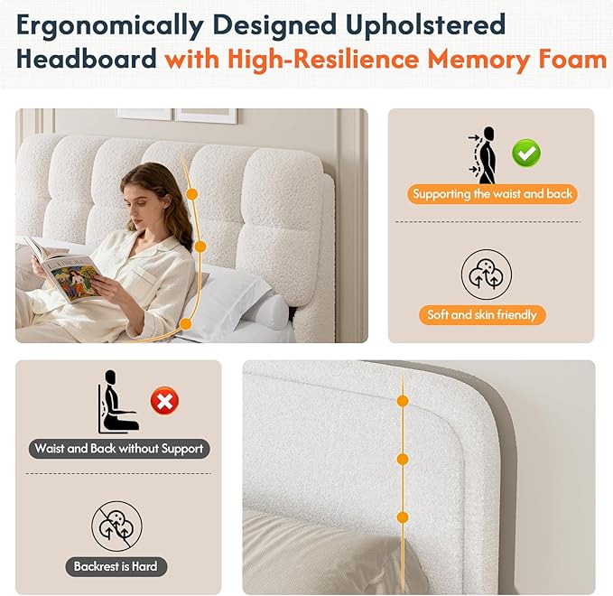 DICTAC Boucle Full Size Bed Frame with Headboard, Modern Upholstered Platform Bed Frame Full with Rounded Corners, Soft Cloud beds, Wood Slats Support, No Box Spring Needed, Easy Assembly, Cream