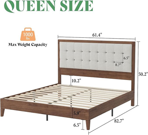 AMERLIFE Queen Bed Frame with Headboard, Solid Wooden Bed Frame Queen Size Platform Bed Mid-Century Style, No Box Spring Required, Walnut | Noise-Free, Sturdy Frame, Easy Care, Back Support, Breathable Material