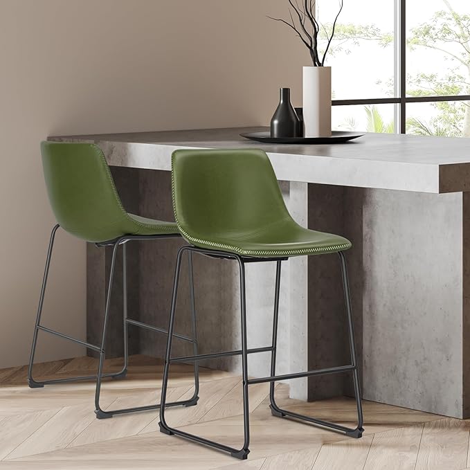 DUMOS 26 Inch Counter Height Bar Stools Set of 2, Modern Faux Leather High Barstools with Back and Metal Leg, Bar Chairs for Kitchen Island, Green