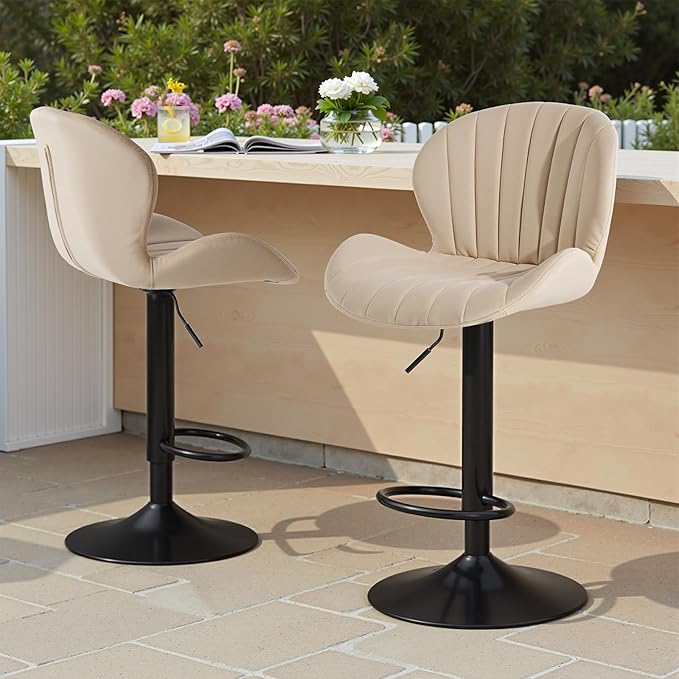 Sweetcrispy Bar Stools Set of 4, Modern Swivel Bar Chairs, Adjustable Fabric Upholstered Barstools Counter Height with Backrest for Bar, Kitchen Island, Dining Room, Beige