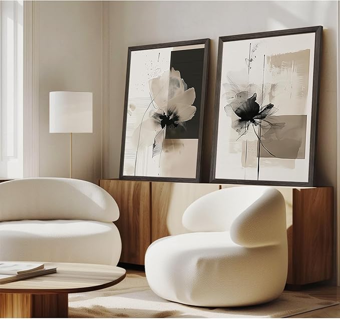 Tocliky Modern Abstract Floral Wall Art Minimalist Neutral Canvas Painting Decor Beige Cream And Black Wall Art Contemporary Flower Picture Prints for Living Room Bedroom 12x16 Inch Framed Set of 2