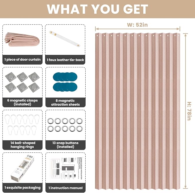 Jilron Accordian Door Curtain, 100% Blackout Folding Magnetic Doorway Curtains,Linen Style Closet Doors,for Room Divider,Privacy Protection（W52 x L78,Pink,1 Panel）