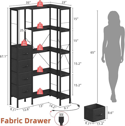 AFLUI Corner Bookshelf with LED Light Strips & 4 Fabric Drawers, 5-Tier Convertible Corner Shelf with Display Shelf, Large Wood Industrial Bookcase for Living Room, Bedroom, Home Office, Black