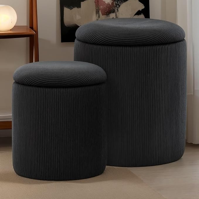 YSICK Round Ottoman with Storage, Set of 2, Small Vanity Stool as Vanity Chair, Corduroy Ottoman Foot Rest for Small Space, Living Room, Bedroom, Black