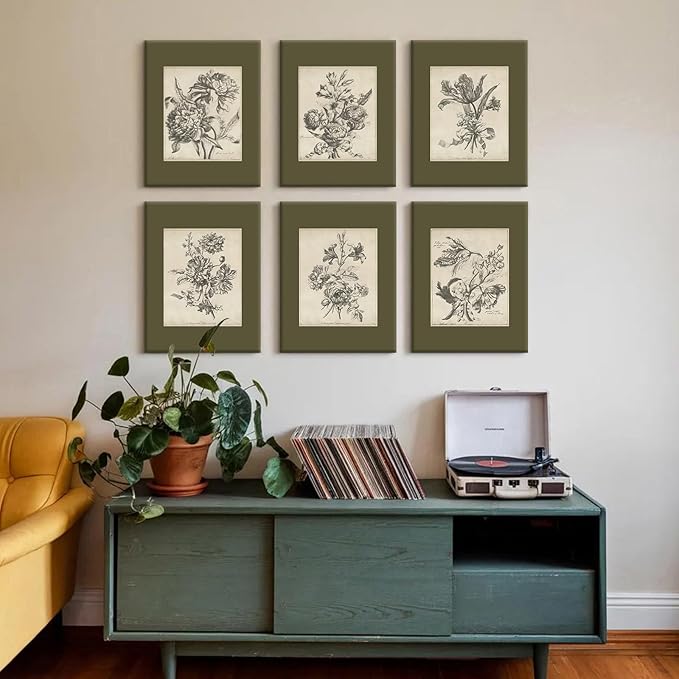 Vintage Floral Wall Art Sketch Flower Prints Antique Botanical Canvas Wall Art Decor Vintage Etchings Floral Poster Green Botanical Painting Sage Green Artwork for Bedroom 12x16x6 Inch Wrapped Canvas